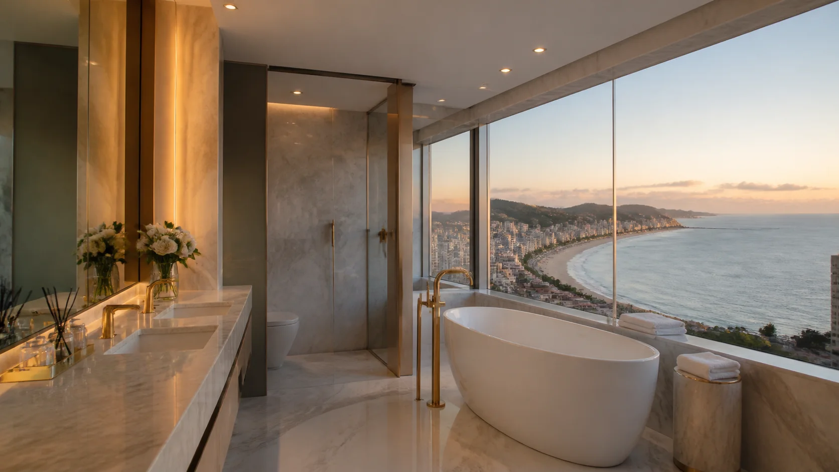 Banheiro spa com mármore, banheira e janela panorâmica