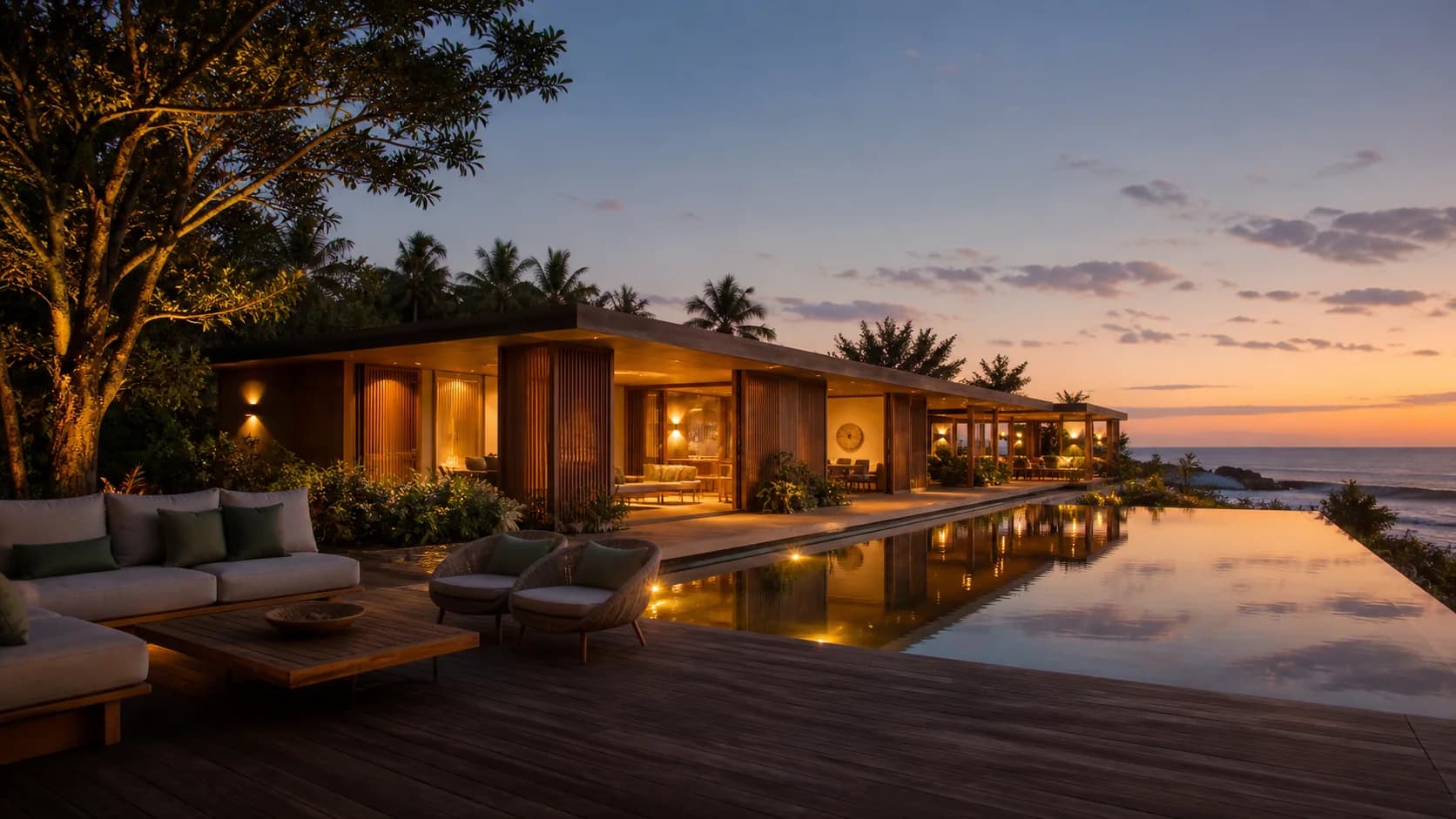 Deck com piscina, lounge e luz de pôr do sol em casa costeira premium