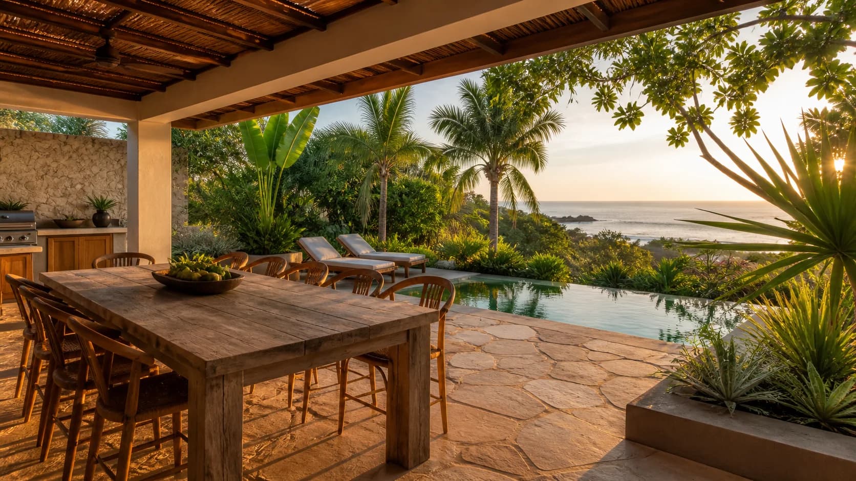 Varanda gourmet com mesa de jantar, piscina e jardim tropical