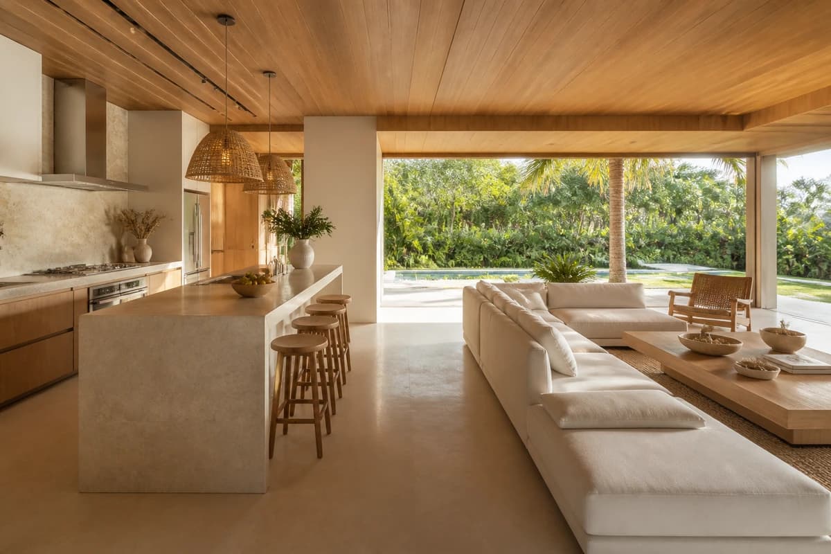 Living e cozinha integrados com vista para área verde
