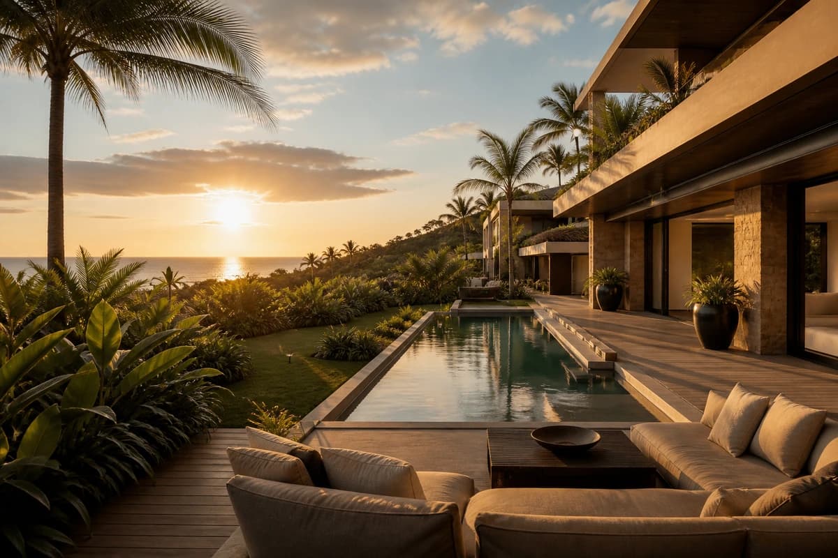 Deck com piscina e jardim tropical iluminado pelo pôr do sol