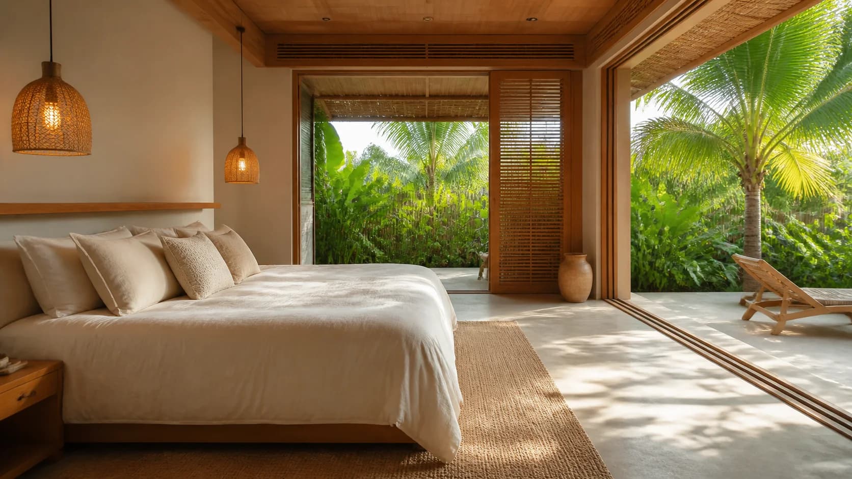 Suíte master de casa de praia com madeira e abertura para jardim tropical