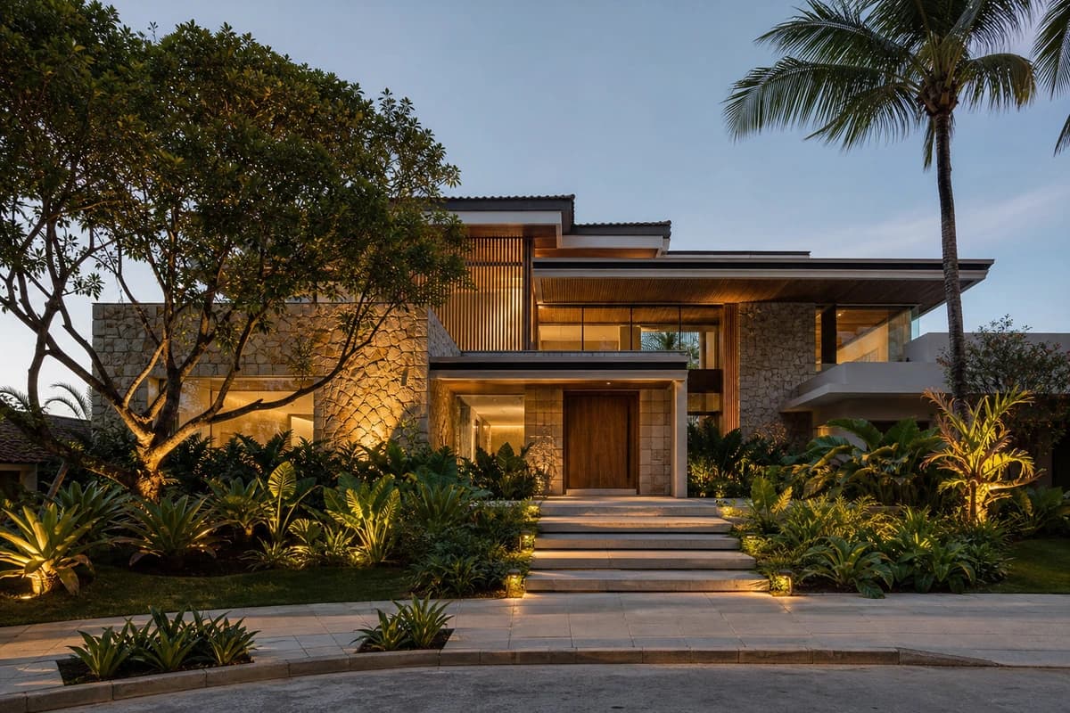 Fachada iluminada de mansão contemporânea com jardim tropical