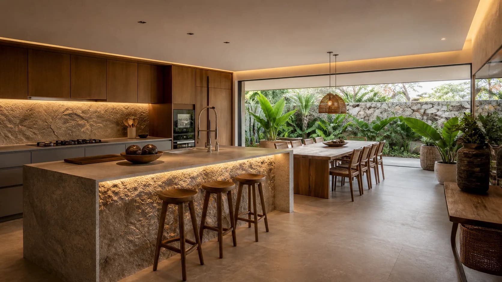Cozinha gourmet com ilha em pedra e vista para área verde
