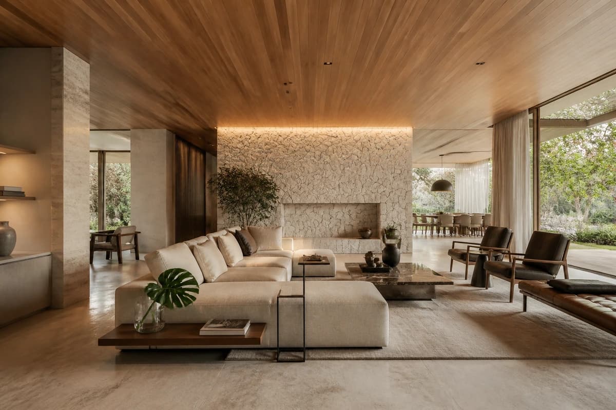 Living integrado com tons neutros, madeira e grandes aberturas para o jardim