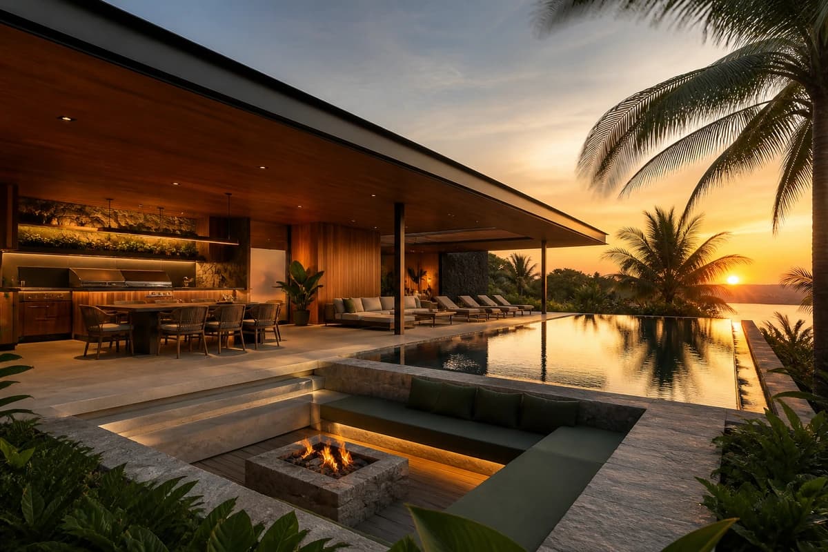 Área gourmet e piscina com iluminação quente ao fim da tarde
