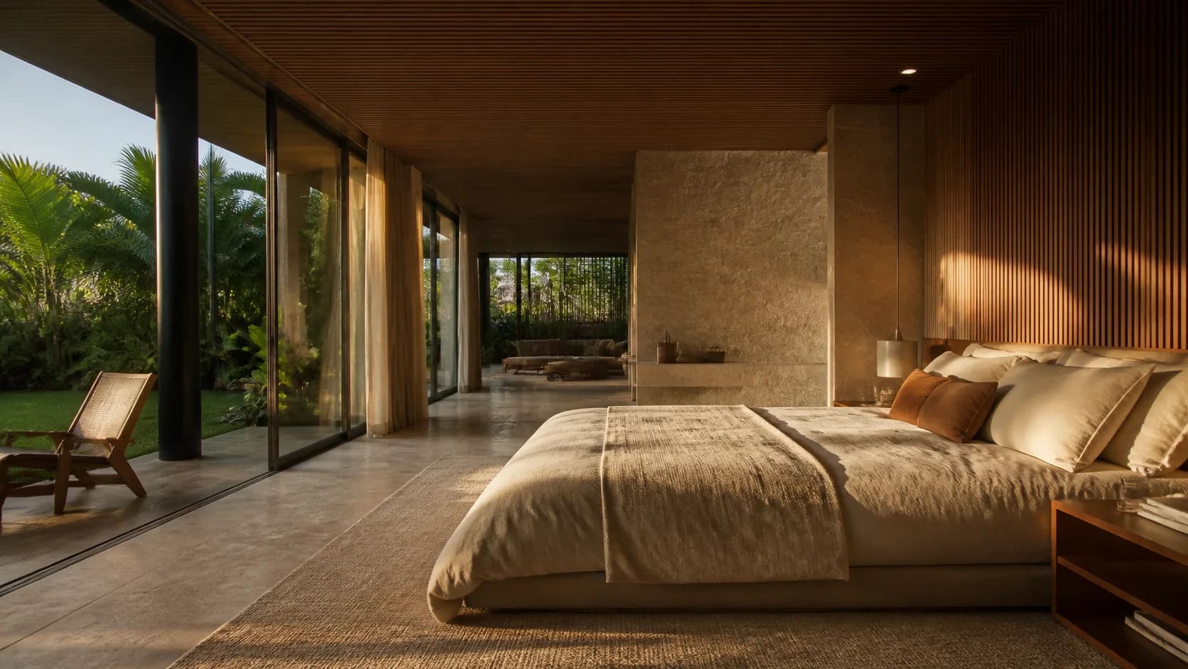 Suíte master com cama king, madeira e vista para jardim tropical