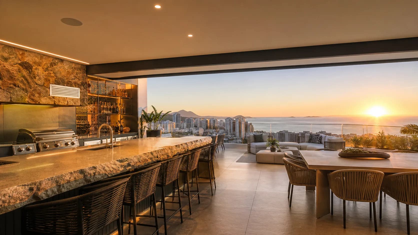 Terraço gourmet da cobertura com bancada em pedra e vista ao pôr do sol