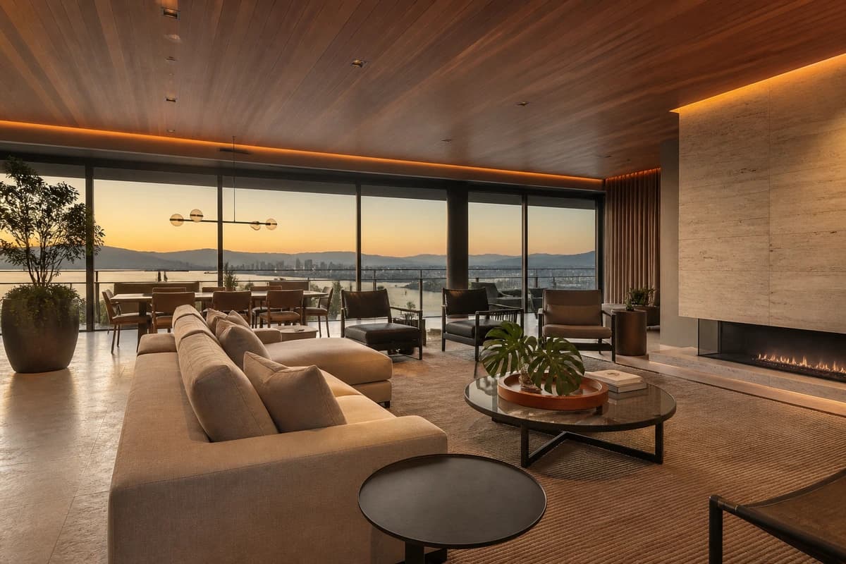 Living de cobertura com vista aberta, madeira e iluminação quente
