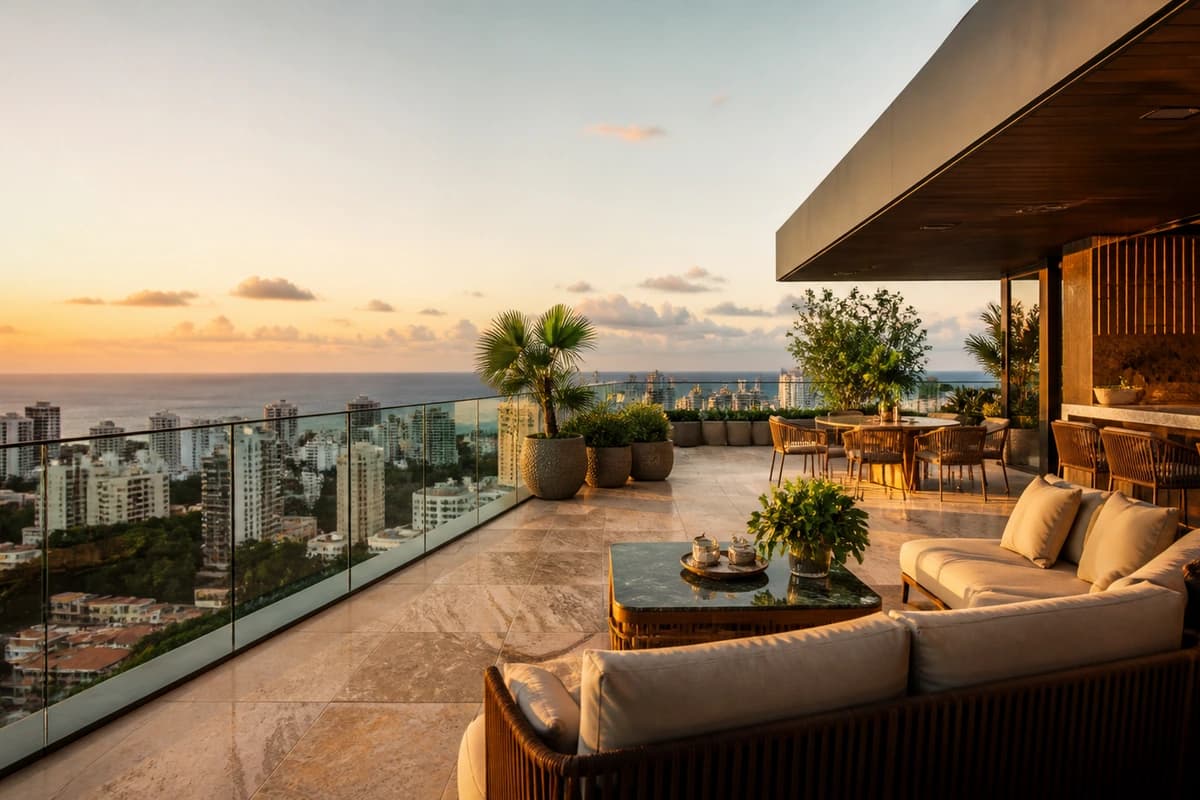 Terraço de cobertura com vista panorâmica e mobiliário externo elegante