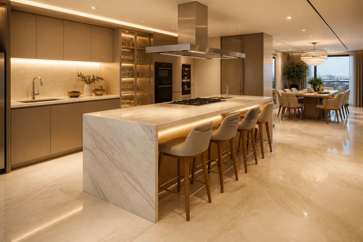 Cozinha gourmet com ilha em mármore e iluminação indireta