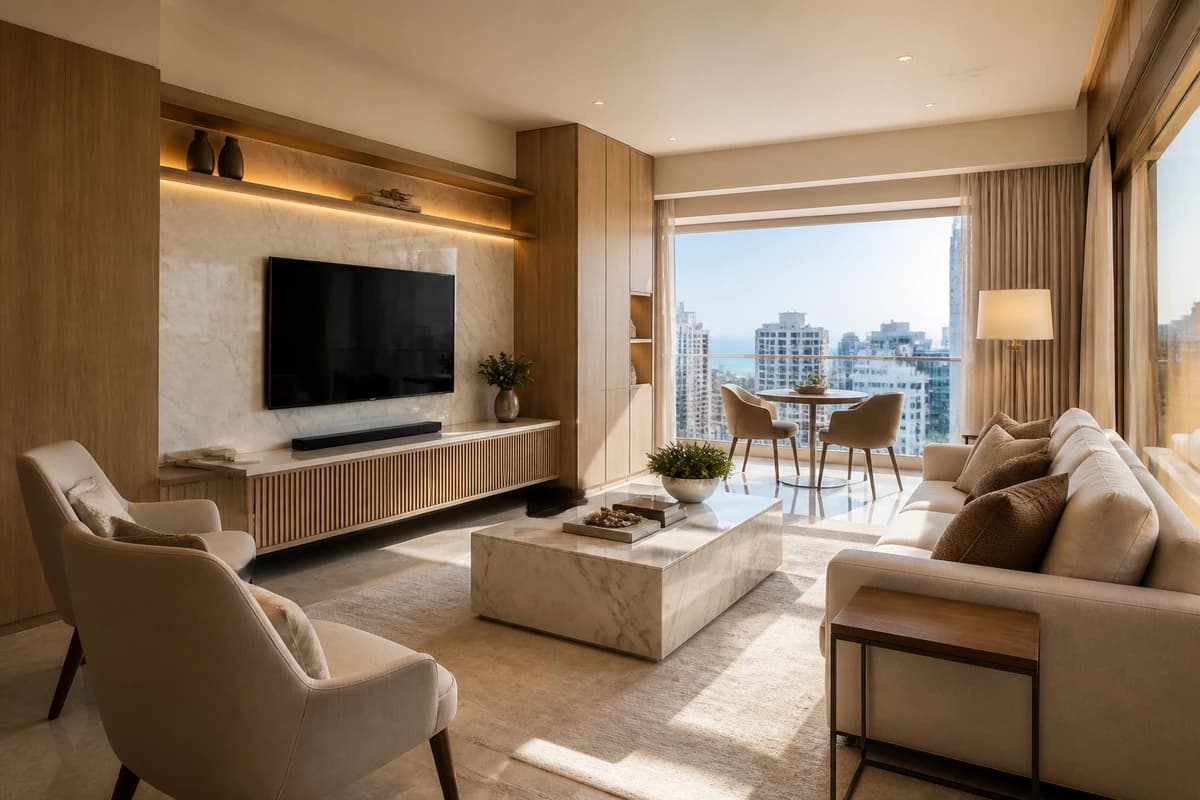 Living de apartamento alto padrão com iluminação natural e acabamentos quentes