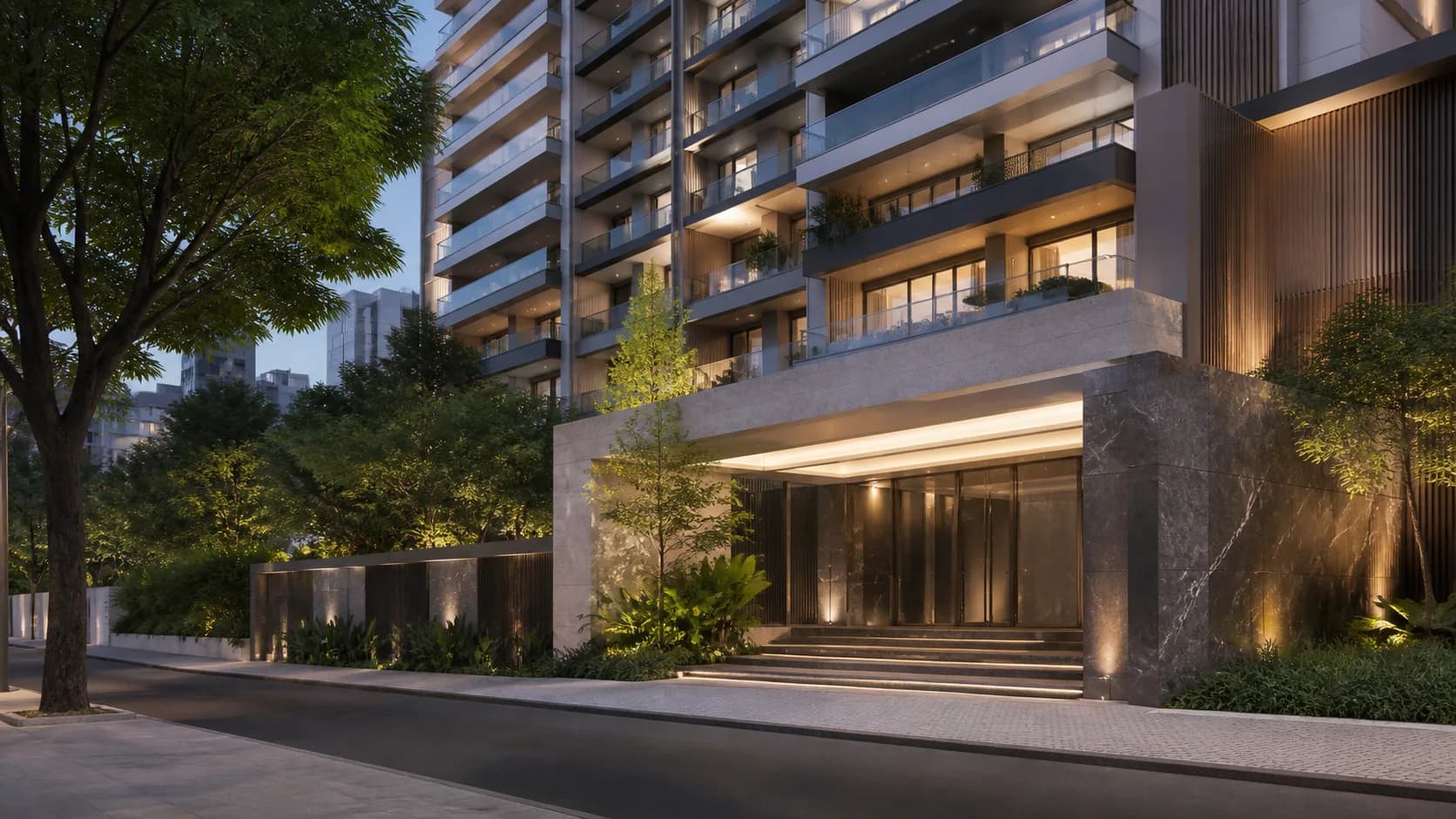 Fachada e lobby de condomínio residencial premium com paisagismo