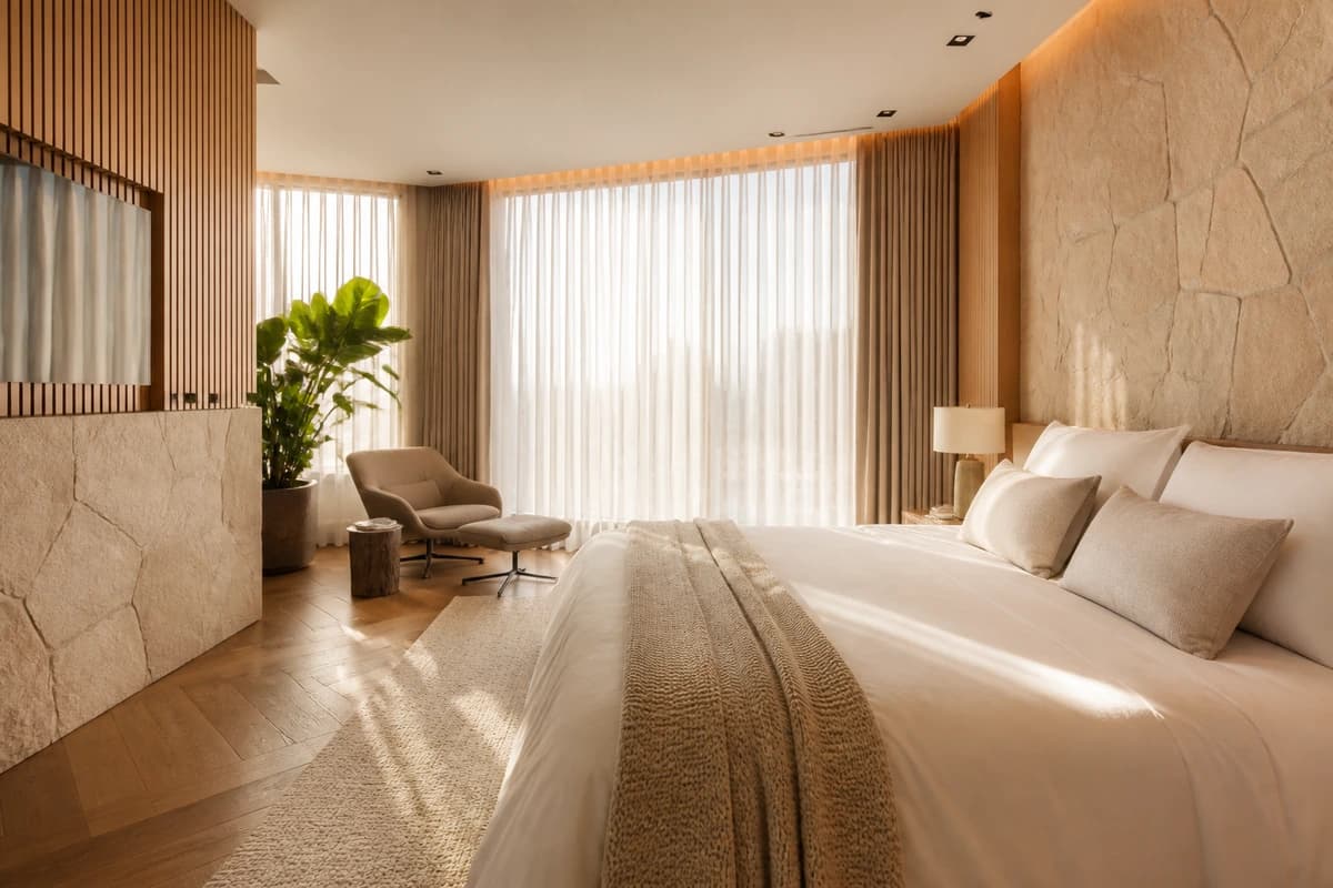 Suíte elegante com cortinas claras, madeira e luz suave