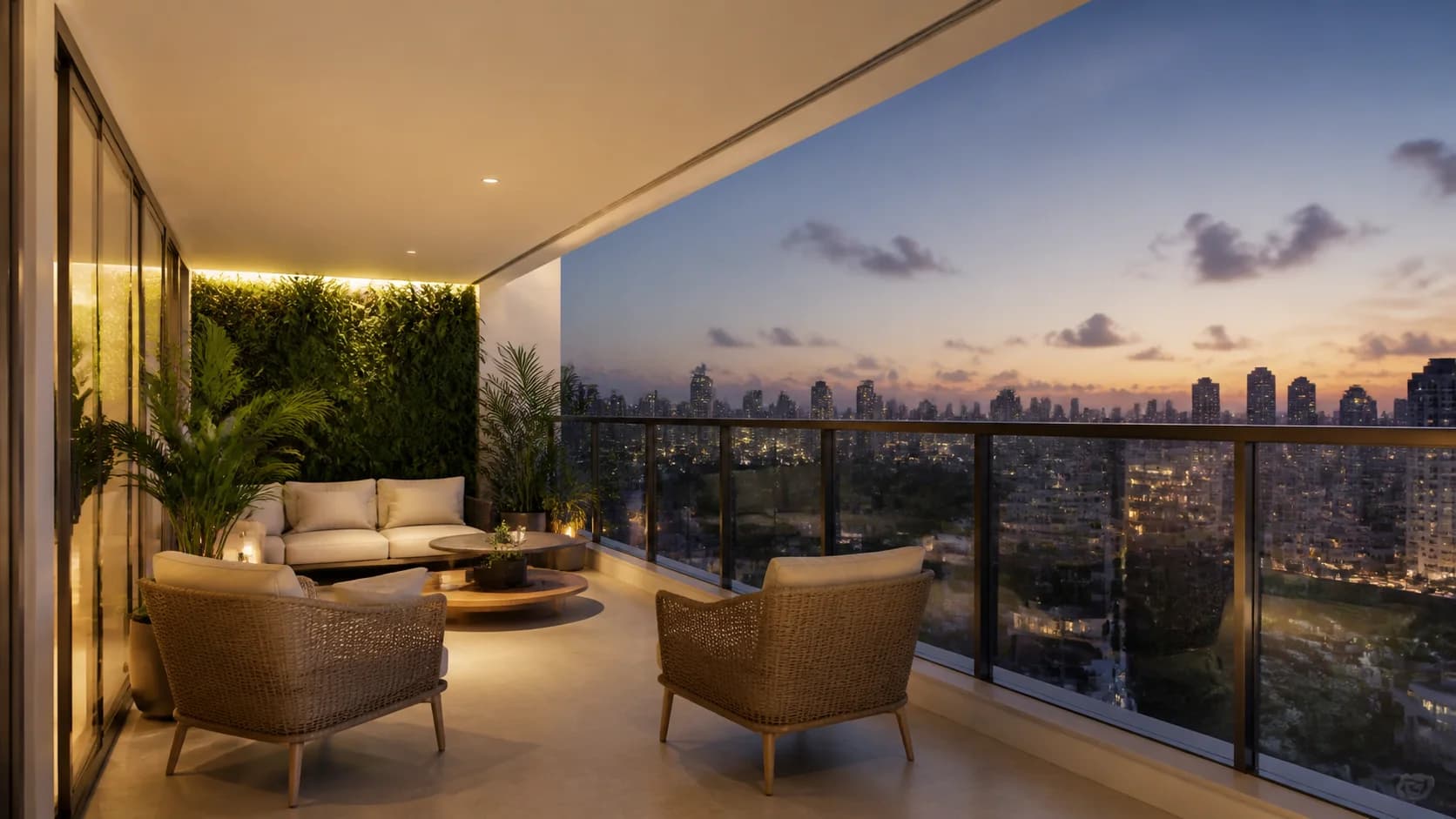 Varanda lounge com vista urbana, plantas e mobiliário elegante