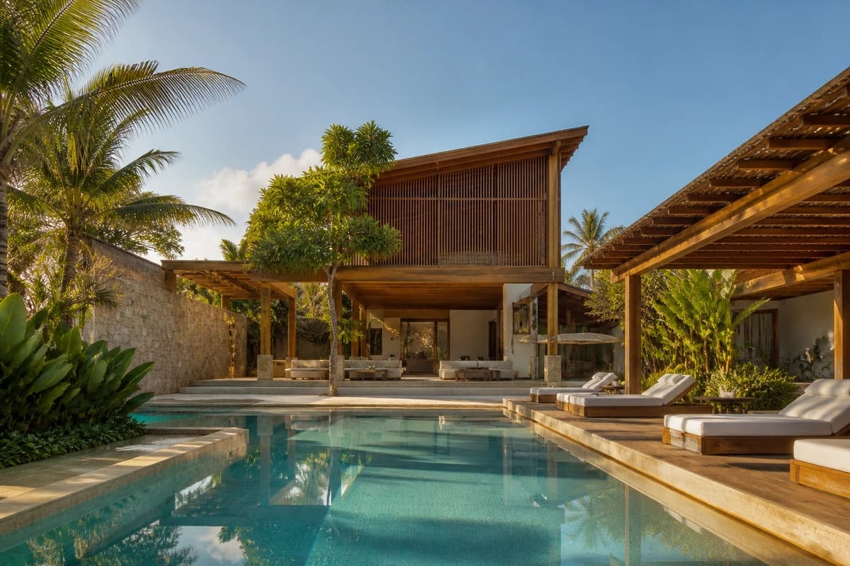 Casa contemporânea no litoral com piscina, madeira e vegetação tropical