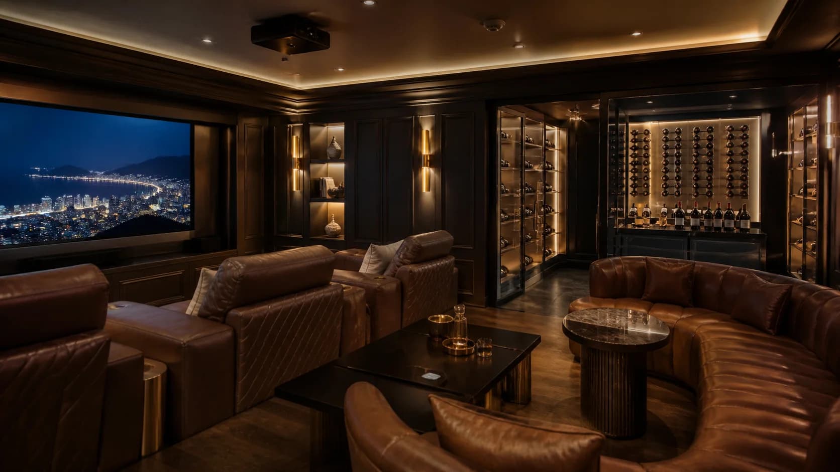 Cinema privativo e lounge de vinhos com iluminação dourada
