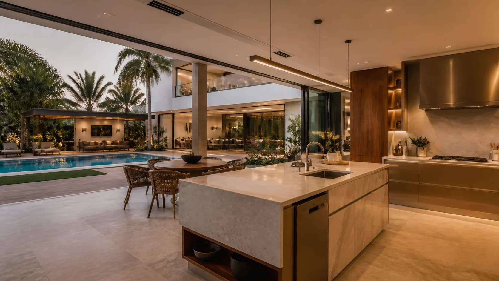 Cozinha gourmet da mansão conectada ao terraço da piscina