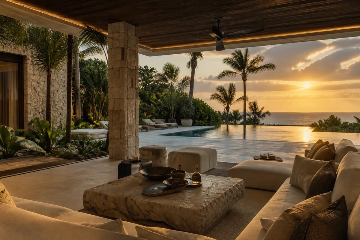 Área externa com piscina, lounge e paisagismo ao pôr do sol