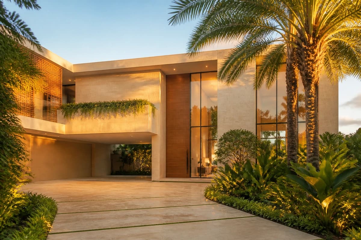Fachada contemporânea da Casa Reserva das Pedras com paisagismo tropical